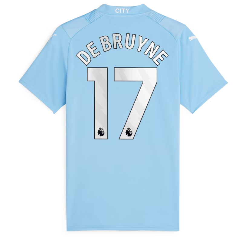 Kevin De Bruyne Manchester City Puma 202324 Authentic Player Jersey - Sky Blue (3) Manchester City Home Puma Shirt 2023-24 - with De Bruyne 17 printing Jersey - Blue