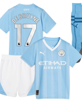 Manchester City Home Puma Kids Kit 2023-24 De Bruyne 17 printing Jersey  – Blue